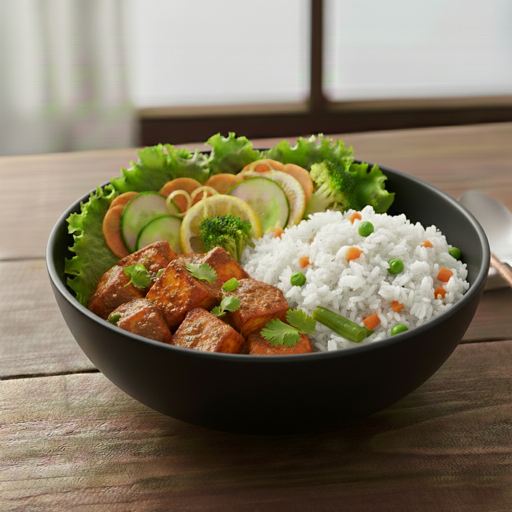 Roasted Paneer Masala And Veg Pulav Rice Bowl With Salad & Detox Water